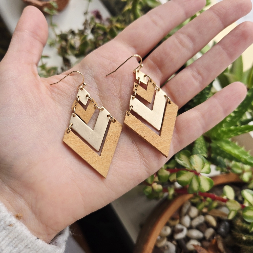 Pair of Gold Wood Tribal Style Geometric Arrow Dangle Drop Hook Earrings